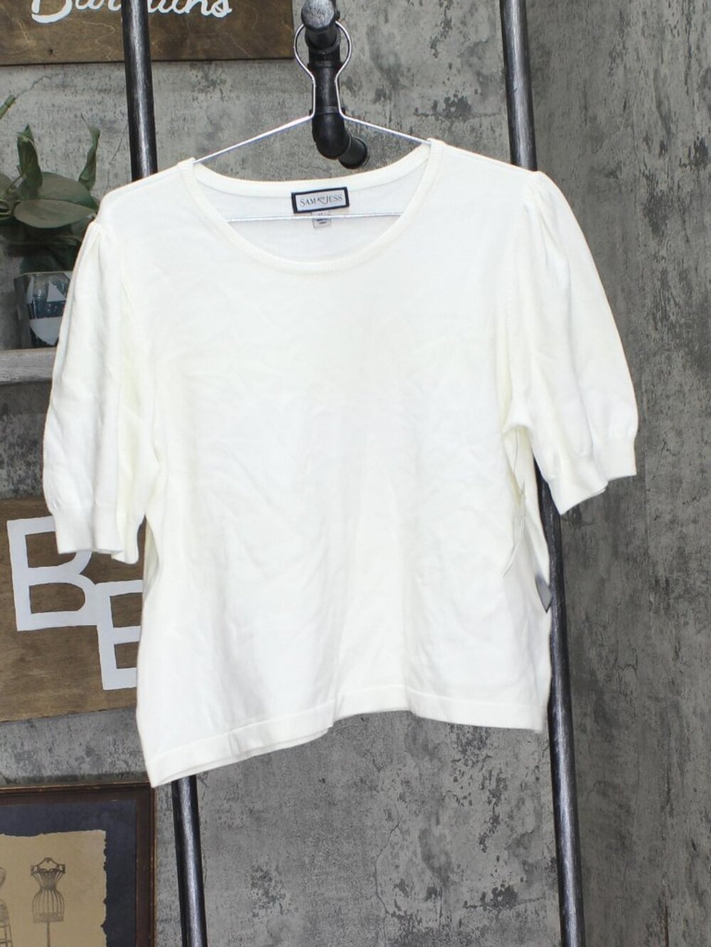 White Sam And Jess Short Puff Sleeve Sweater Top Antique Off Xl Sz XL